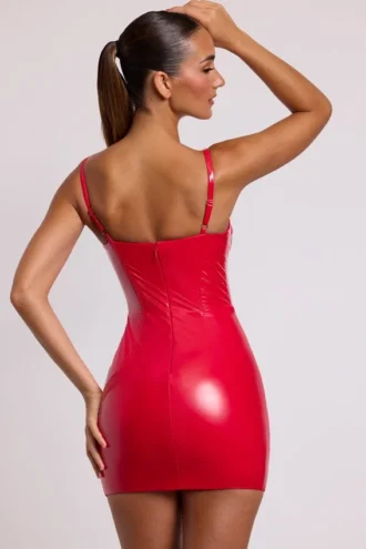 Ambrose Vinyl Corset Underwired Mini Dress in Fire Red