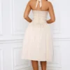 Amelie Halterneck Lace-Up Ruched Corset Midi Dress in Ivory