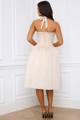 Amelie Halterneck Lace-Up Ruched Corset Midi Dress in Ivory