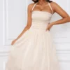 Amelie Halterneck Lace-Up Ruched Corset Midi Dress in Ivory