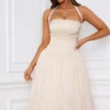 Amelie Halterneck Lace-Up Ruched Corset Midi Dress in Ivory