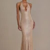 Ameline Premium Embellished Plunge-Neck Open-Back Gown in Beige Gold