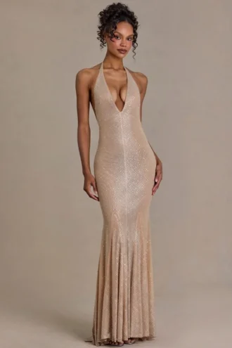 Ameline Premium Embellished Plunge-Neck Open-Back Gown in Beige Gold