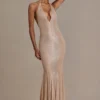 Ameline Premium Embellished Plunge-Neck Open-Back Gown in Beige Gold
