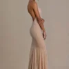 Ameline Premium Embellished Plunge-Neck Open-Back Gown in Beige Gold