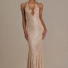 Ameline Premium Embellished Plunge-Neck Open-Back Gown in Beige Gold