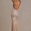 Ameline Premium Embellished Plunge-Neck Open-Back Gown in Beige Gold