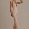 Ameline Premium Embellished Plunge-Neck Open-Back Gown in Beige Gold