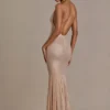 Ameline Premium Embellished Plunge-Neck Open-Back Gown in Beige Gold