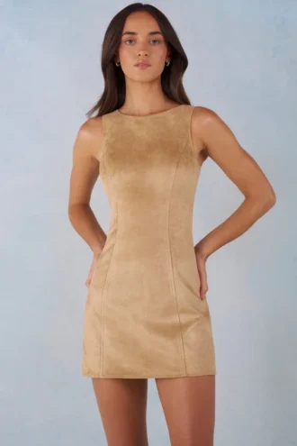 Amielle Faux Suede A-Line Mini Dress in Tan