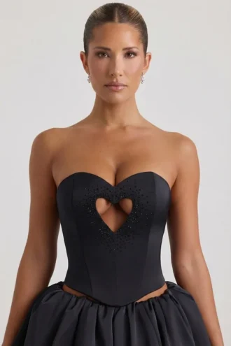 Amora Embellished Heart Cut-Out Strapless Corset Top in Black