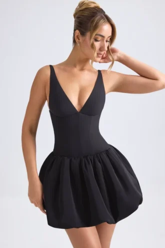 Anahita Lace-Up Bubble Hem Corset Micro Mini Dress in Black