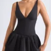 Anahita Lace-Up Bubble Hem Corset Micro Mini Dress in Black