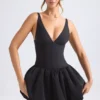 Anahita Lace-Up Bubble Hem Corset Micro Mini Dress in Black