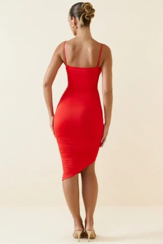 Anaisa Asymmetric Ruched Midi Dress in Scarlet
