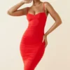 Anaisa Asymmetric Ruched Midi Dress in Scarlet