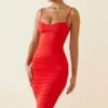 Anaisa Asymmetric Ruched Midi Dress in Scarlet