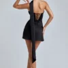 Anastasia Draped Halterneck Satin Mini Dress in Black