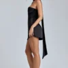 Anastasia Draped Halterneck Satin Mini Dress in Black