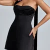 Anastasia Draped Halterneck Satin Mini Dress in Black