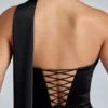 Anastasia Draped Halterneck Satin Mini Dress in Black