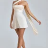 Anastasia Draped Halterneck Satin Mini Dress in Ivory