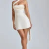 Anastasia Draped Halterneck Satin Mini Dress in Ivory