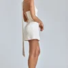 Anastasia Draped Halterneck Satin Mini Dress in Ivory