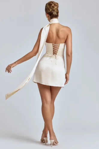 Anastasia Draped Halterneck Satin Mini Dress in Ivory