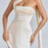 Anastasia Draped Halterneck Satin Mini Dress in Ivory