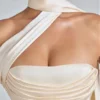 Anastasia Draped Halterneck Satin Mini Dress in Ivory