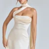 Anastasia Draped Halterneck Satin Mini Dress in Ivory