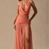 Anaya Cowl-Neck Plunge Maxi Dress in Coral