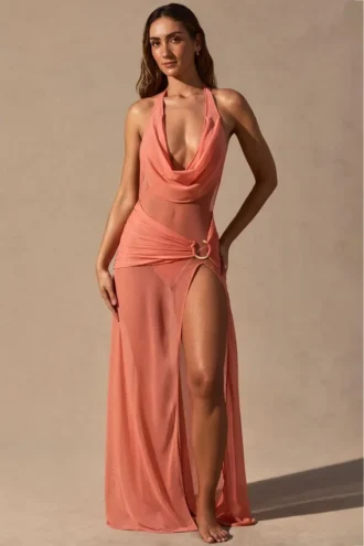 Anaya Cowl-Neck Plunge Maxi Dress in Coral