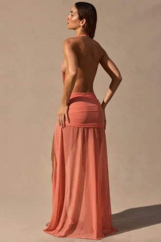 Anaya Cowl-Neck Plunge Maxi Dress in Coral