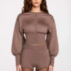 Antonia Knit Mid-Rise Mini Shorts in Mocha