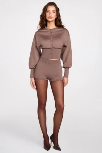 Antonia Knit Mid-Rise Mini Shorts in Mocha