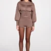 Antonia Knit Mid-Rise Mini Shorts in Mocha