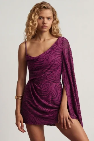 Angelie Devoré One-Sleeve A-Line Mini Dress in Berry Purple