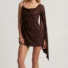 Angelie Devoré One-Sleeve A-Line Mini Dress in Dark Chocolate