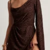 Angelie Devoré One-Sleeve A-Line Mini Dress in Dark Chocolate