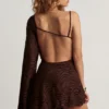 Angelie Devoré One-Sleeve A-Line Mini Dress in Dark Chocolate