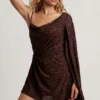 Angelie Devoré One-Sleeve A-Line Mini Dress in Dark Chocolate