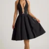 Angelina Halterneck Bow-Detail Midi Dress in Black