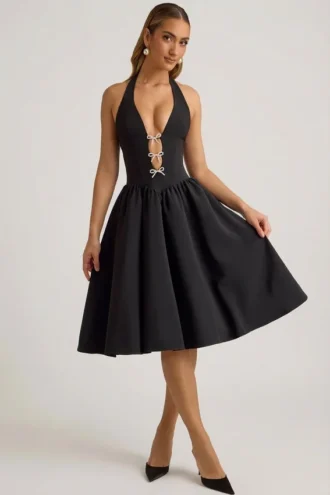 Angelina Halterneck Bow-Detail Midi Dress in Black