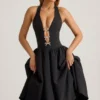 Angelina Halterneck Bow-Detail Midi Dress in Black