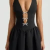 Angelina Halterneck Bow-Detail Midi Dress in Black