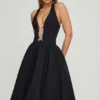Angelina Halterneck Bow-Detail Midi Dress in Black