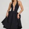 Angelina Halterneck Bow-Detail Midi Dress in Black