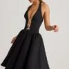 Angelina Halterneck Bow-Detail Midi Dress in Black